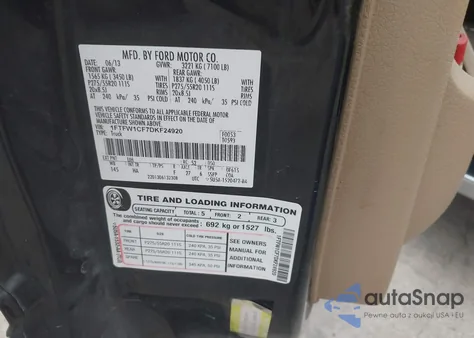 2013 Ford F-150 Lariat z USA, uszkodzony, nr VIN 1FTFW1CF7DKF24920